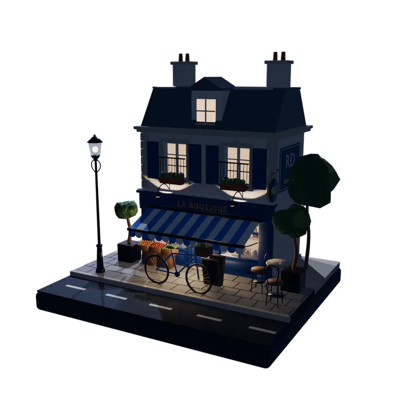 Boutique miniature en 3D, la nuit : façade bleue, store rayé, lampadaire allumé, vélo et terrasse sur le trottoir